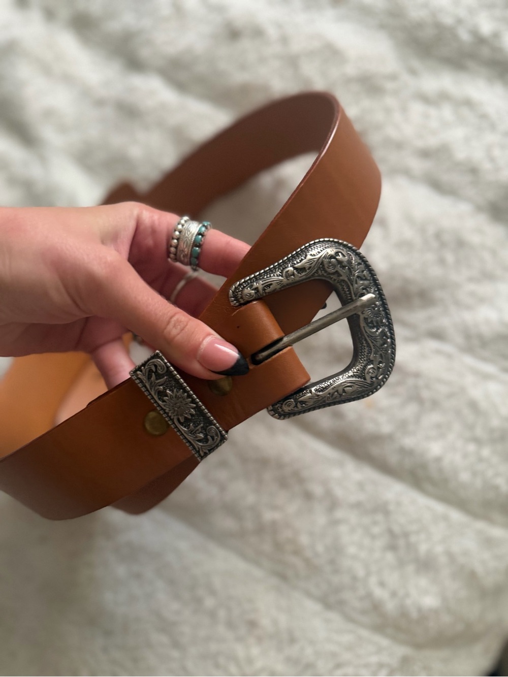 Tan Leather Western Belt with Ornate Silver Buckle